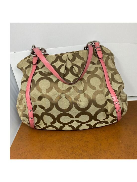 Coach Handbags - Coach Signature C Monogram Pink Leather Trim Tote Bag Purse